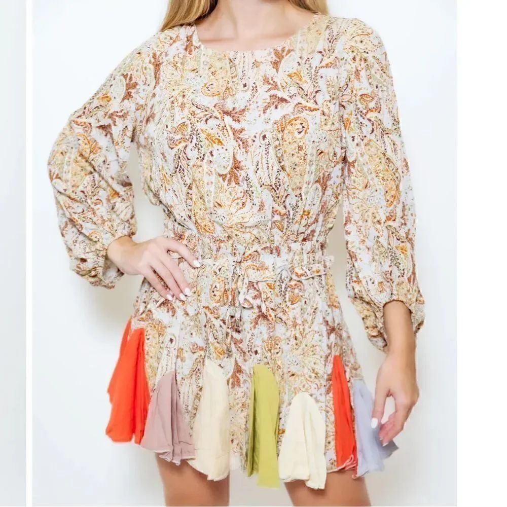 Main Strip Cream Paisley Flounce Skirt Boho Peasant Mini Dress with undershorts
